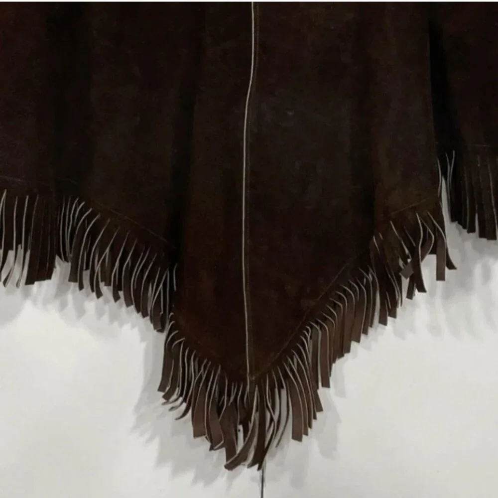 Vintage 70s Brown Suede Leather Fringe Poncho Cape Western Boho Hippie Beaded - Picture 7 of 7